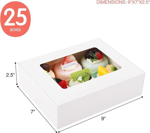 HAPPY POTATO 25 Pastry Boxes with window, Black Bakery Boxes with Window, 9x7x2.5 Inches Bakery Boxes for Cookies, Treat Boxes for Small Bakery, Dessert, Candy, Party Favors, Wedding Cake in Saudi Arabia