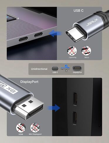 JSAUX USB C to DisplayPort 1.4 Cable [8K@60Hz, 4K@144Hz, 2K@240Hz] USB C to Displayport Thunderbolt 4/3 to DP Cable Support 32.4 Gbps Compatible with MacBook Pro/Air in Kuwait