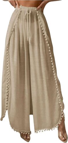 Women's Drawstring Waist Slit Bathing Suit Cover Up Swim Pants Sheer Tie Front Swim Cover Ups Swimwear in Saudi Arabia