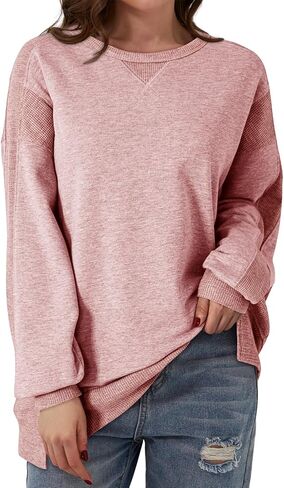 Dokotoo Oversized Sweatshirt for Women Casual Crewneck Long Sleeve Waffle Splicing Solid Pullover Sweatshirts Tops in Saudi Arabia