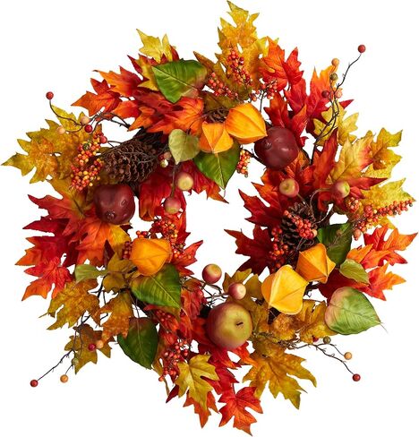 Nearly Natural 24in. Autumn Maple Leaf and Berries Fall Artificial Wreath in Saudi Arabia