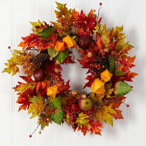 Nearly Natural 24in. Autumn Maple Leaf and Berries Fall Artificial Wreath in Saudi Arabia
