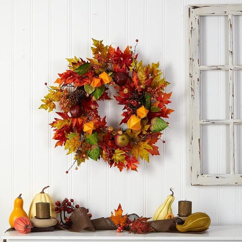 Nearly Natural 24in. Autumn Maple Leaf and Berries Fall Artificial Wreath in Saudi Arabia