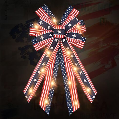 ABTOLS Large LED Patriotic Wreath Bows for Front Door, Labor Day Red Blue White Stars and Stripes Bows for Wreath American Flag Bows for Indoor Outdoor Labor Day Party Door Wall Fence Decor in Saudi Arabia