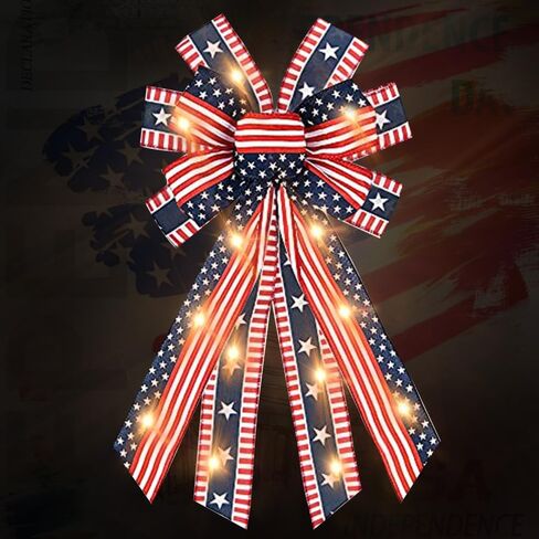 ABTOLS Large LED Patriotic Wreath Bows for Front Door, Labor Day Red Blue White Stars and Stripes Bows for Wreath American Flag Bows for Indoor Outdoor Labor Day Party Door Wall Fence Decor in Saudi Arabia