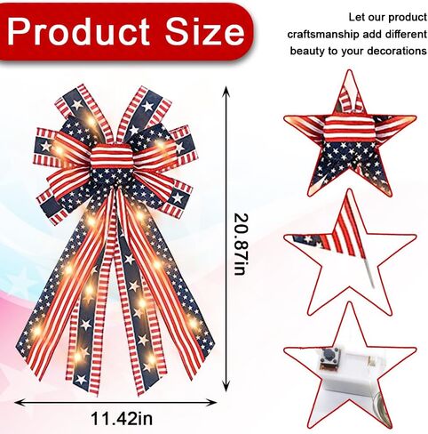 ABTOLS Large LED Patriotic Wreath Bows for Front Door, Labor Day Red Blue White Stars and Stripes Bows for Wreath American Flag Bows for Indoor Outdoor Labor Day Party Door Wall Fence Decor in Saudi Arabia