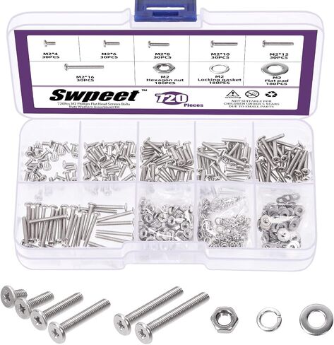 Swpeet 700Pcs 304 Stainless Steel C Type M2.5 Cross Flat Phillips Head Machine Screws and Hex Nuts and Flat Washers with Split Lock Washers Assortment Kit, Perfect for Home Automotive Shop Use in Saudi Arabia