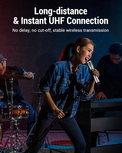 Rechargeable Wireless Microphone with 1/4" Receiver, Two Cordless UHF Mic, Plug-and-Play & Long-Distance Transmission for Karaoke Singing, Stage Performance, Lecture, Wedding Host, Church in Kuwait