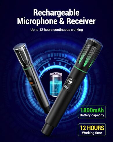Rechargeable Wireless Microphone with 1/4" Receiver, Two Cordless UHF Mic, Plug-and-Play & Long-Distance Transmission for Karaoke Singing, Stage Performance, Lecture, Wedding Host, Church in Kuwait