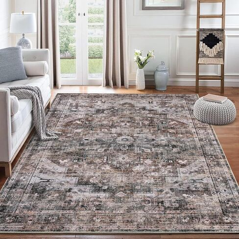 9x12 Area Rug Vintage Distressed Large Area Rug Machine Washable Rug for Living Room, Non-Slip Stain Resistant Accent Rug Oriental Medallion Floor Cover Carpet for Bedroom, Teal/Brown in Saudi Arabia