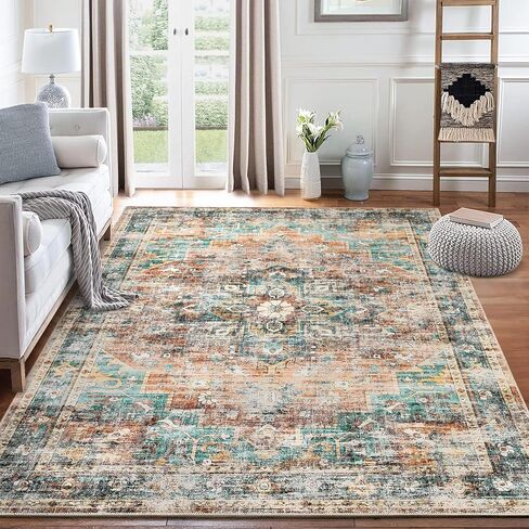 9x12 Area Rug Vintage Distressed Large Area Rug Machine Washable Rug for Living Room, Non-Slip Stain Resistant Accent Rug Oriental Medallion Floor Cover Carpet for Bedroom, Teal/Brown in Saudi Arabia