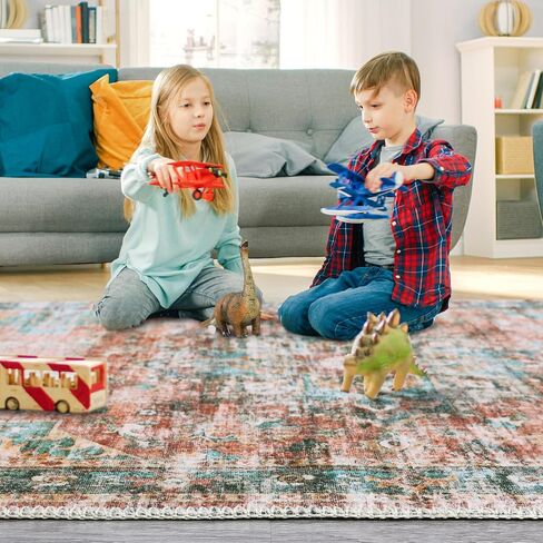 9x12 Area Rug Vintage Distressed Large Area Rug Machine Washable Rug for Living Room, Non-Slip Stain Resistant Accent Rug Oriental Medallion Floor Cover Carpet for Bedroom, Teal/Brown in Saudi Arabia