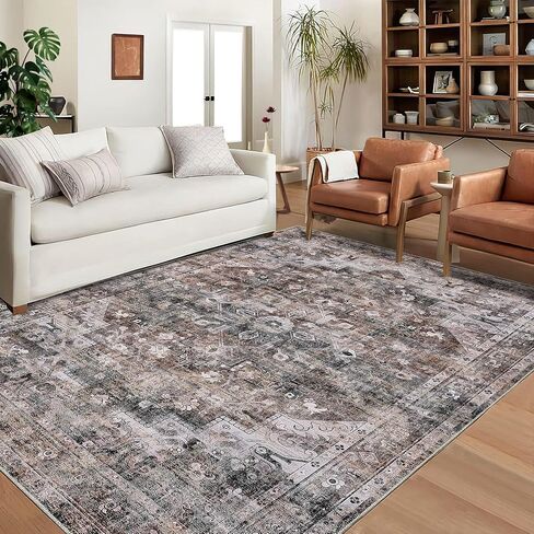 9x12 Area Rug Vintage Distressed Large Area Rug Machine Washable Rug for Living Room, Non-Slip Stain Resistant Accent Rug Oriental Medallion Floor Cover Carpet for Bedroom, Teal/Brown in Saudi Arabia