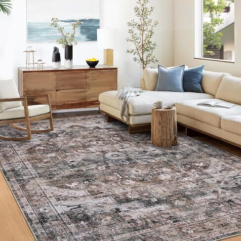 9x12 Area Rug Vintage Distressed Large Area Rug Machine Washable Rug for Living Room, Non-Slip Stain Resistant Accent Rug Oriental Medallion Floor Cover Carpet for Bedroom, Teal/Brown in Saudi Arabia