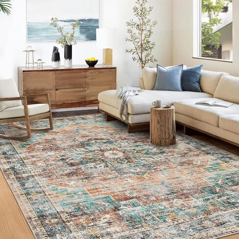 9x12 Area Rug Vintage Distressed Large Area Rug Machine Washable Rug for Living Room, Non-Slip Stain Resistant Accent Rug Oriental Medallion Floor Cover Carpet for Bedroom, Teal/Brown in Saudi Arabia