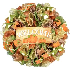 Pumpkin Wreaths - Welcome Thanksgiving Door Wreaths - Halloween Deep Tones Fall Autumn Front Door Decor - Orange Green Brown