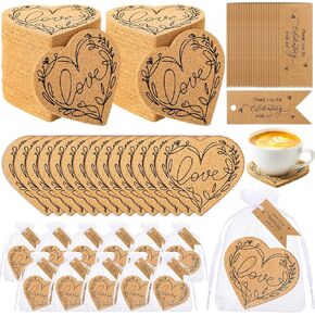 30 Sets Bridal Shower Favors for Guests Include 30 Love Heart Cork Coasters Absorbent Cork Coaster 30 Thank You Cards and Organza Bags Baby Shower Favor Wedding Souvenirs for Guests