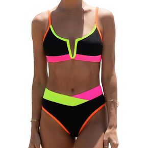 YELAIVP Women's High Waisted Bikini Sets Color Block V Cut Bathing Suit Ribbed V-Wired High Cut Two Pieces Swimsuit