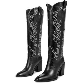 wetkiss Cowgirl Boots Women Knee High Boots, Embroidered Cowboy Boots with Chunky Heel Comfort Tall Western Boots for Women