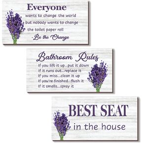 3 Pieces Purple Bathroom Accessories Purple Lavender Bathroom Decor Farmhouse Bathroom Rules Purple Wall Decor Rustic Wooden Purple Toilet Wall Signs (Lavender 10x5 Inch)