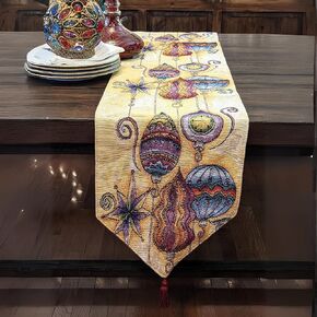 DaDa Bedding Bohemian Ornaments Tapestry Table Runner - Festive Golden Christmas Holiday Glowy Starry Magical Lantern Lamps - Needle Stitched Cotton Linen Woven Kitchen Dining Mats - 13" x 72"