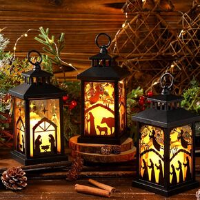 3 Pcs Christmas Nativity Lantern Decorative with LED Candles 8.7 Inches Nativity Scene Hanging Lantern Table Centerpiece Vintage Lantern Ornament with Nativity Scence for Xmas Party Decor