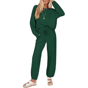 KIRUNDO Women's Fall 2 Piece Outfits Ribbed Knit Lounge Sets Long Sleeve Pullover Drawstring Jogger Pants Tracksuit Set