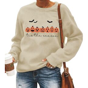 QIANRUO Tis The Season Halloween Sweatshirt Women Cute Pumpkin Face Graphic Tee Spooky Season Shirt Fall Crewneck Pullovers