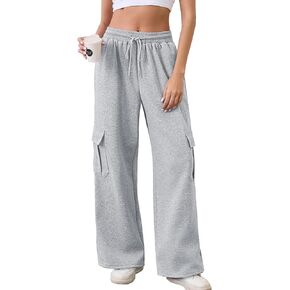 ELLEVEN Women’s Wide Leg Cargo Sweatpants, High Waisted Baggy Joggers Pants with Pockets and Adjustable Ankle Cords