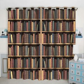 QH Vintage Bookshelf Window Curtain Panels Blackout Curtain Panels Thermal Insulated & Light Blocking 42W x 84L inch (Set of 2 Panels)