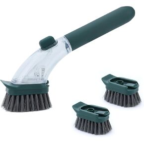 DAPOWER Soap Dispensing Dish Brush with Handle, Kitchen Scrub Brush for Dishes Pots Pans Sink Cleaning (Dark Green)