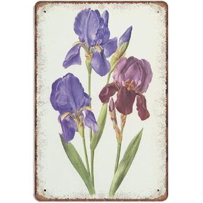 Purple Iris Tin Signs 1964 Vintage Botanical Art- Violet Iris Flower Wall Decor- Shabby Chic Wall Decor French Decor Funny Metal Sign Home Decor, 140 X 200 mm