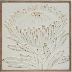Creative Co-Op Wood Framed Metal Wall Décor with Embossed Protea and Brush Finish, Antique White and Gold