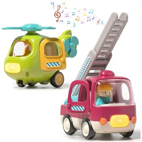 Baby Toys with Fine Motor Activities Push & Go Cars for 1 2 3 Year Old 2 Pack Friction Powered Interactive Toys Airplane and Fire Truck Lights & Sounds Toys Birthday Gift for Toddlers 1-3