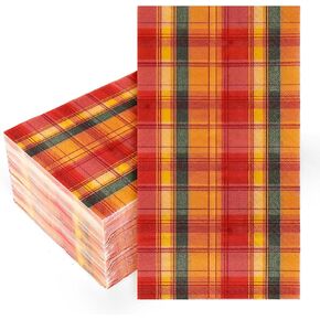 Whaline 80 Pack Fall Paper Napkins 6.5 x 6.5 Inch Buffalo Plaid Prints Paper Napkins Red Orange Green Checkered Disposable Lunch Napkins for Autumn Party Supplies Thanksgiving Evens Table Decoration