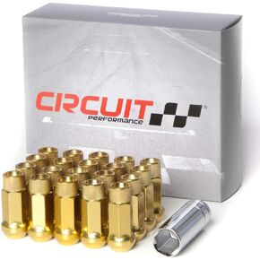 Circuit Performance Forged Steel Extended Open End Hex Lug Nut for Aftermarket Wheels: 12x1.25 Gold - 20 Piece Set + Tool