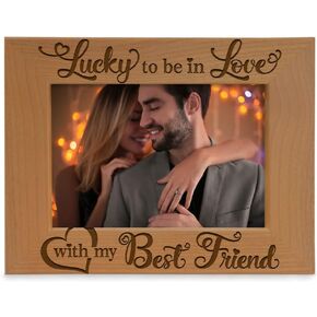 KATE POSH - Lucky to be in Love with my Best Friend Picture Frame - Engraved Natural Wood Photo Frame - Wedding Gifts, Engagement Gifts, Christmas Gifts, Valentine's Day Gifts (5x7-Vertical)
