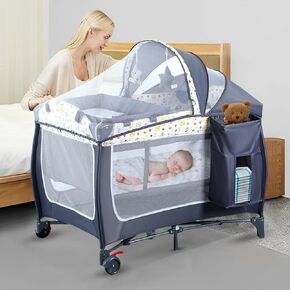 5-in-1 Pack and Play,Baby Bassinet Bedside Sleeper with Diaper Changer,Storage Bag& Music Box,Portable Baby Crib with Carry Bag,Foldable Playard with Bassinet for Newborn to Toddlers