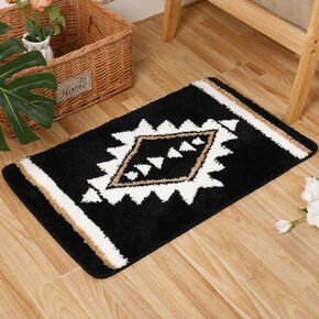 Boho Bathroom Rug, Western Geometric Non-Slip Black Bath Mat, Soft Aztec Bath Mat, Vintage Bohemian Absorbent Floor Mat, Washable Bath Rug Floor Mat for Bathroom Shower