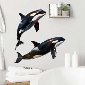 Two Lifelike Killer Whales Wall Decal Nursery Sea Animal Wall Sticker Removable Peel and Stick Wall Art Decor for Kid Baby Classroom Preschool Bathroom Living Room Playroom Bedroom School
