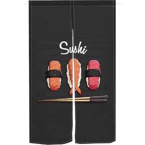 Traditional Japanese Noren Doorway Curtain Window Treatment Tapestry Cotton Linen for Wall Hanging Ukiyoe Room Privacy Divider Restaurant Kitchen Decorations 33.5"x 70.9"(Sushi Food, Black)