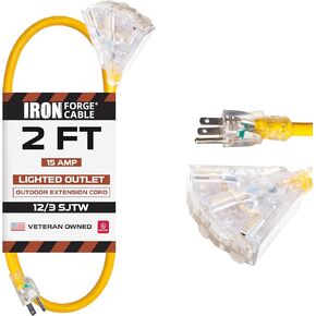 IRON FORGE CABLE 3 Foot Lighted Outdoor GFCI Extension Cord with 3 Electrical Power Outlets - 12/3 SJTW Heavy Duty Yellow Pigtail Extension Cable with 3 Prong Grounded Plug for Safety, 15 AMP
