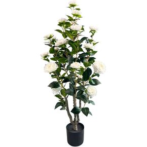 3.4ft Artificial Camellia Tree | White Flowers & Green Leaves | Indoor Outdoor Decor, No Maintenance (2 Pack - White)