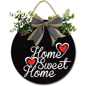 Welcome Sign Home Sweet Home for Front Porch Door Decor - Farmhouse Wreath Sign with Greenery and Buffalo Plaid Bow Wreath Door Sign for Housewarming Gift Home Decor Black