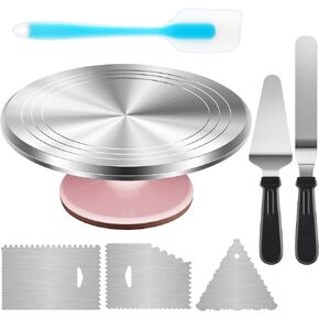 Kootek Aluminium Alloy Revolving Stand 12" Cakes Turntable with 12.7" Angled Frosting, 3 Comb Icing Smoother, Silicone Spatulas Pie Server/Cutter Baking Decorating Tools