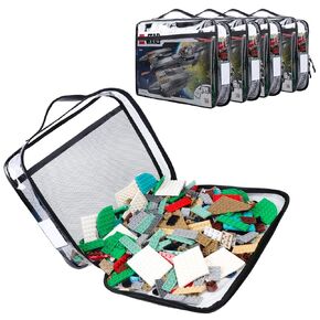 4 Pack Toy Storage Organizer Bag for Lego Bricks, Clear PVC Zippered Block Set with Manual Pocket& Name Tag, Waterproof Toy Carrying Case for Board Games, Building Blocks& Puzzles (Large Black)