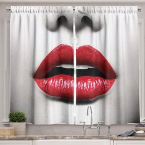 Ambesonne Face Kitchen Curtains, Cosmetic Lipstick in Vivid Alluring Colors Photo of Model Lips, Window Drapes 2 Panel Set for Kitchen Cafe Decor, 55" X 39", Grey Scarlet