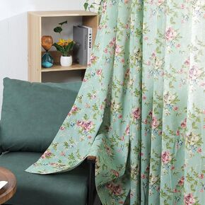 Floral Linen Curtains 96 Inches Long Farmhouse Light Filtering Bedroom Window Treatments Vintage Leaves and Flower Print on Green Window Drapes Grommet Top 2 Panels