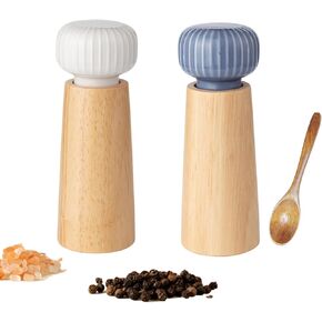 Wooden Salt and Pepper Grinder Set,Wooden Spoon,Ceramic lid Pepper Mill with Adjustable Coarse Mills,Refillable for Sea Salt & Black Pepper (6.9 inch,2 pcs Indigo blue + white)