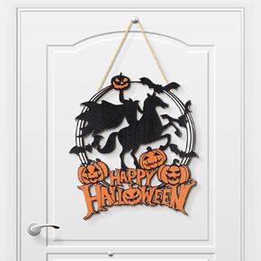 Halloween Pumpkin Door Sign Wooden Headless Horseman Door Hanger for Happy Halloween Party Supplies Indoor Outdoor Porch Front Door Wall Decorations (Headless Horseman)